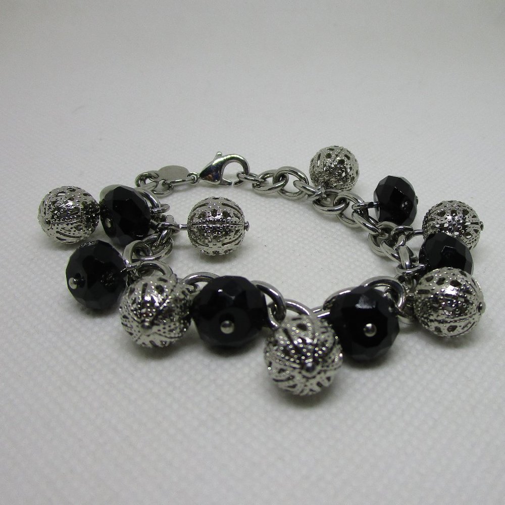 designer stainless steel & black faceted bead charm bracelet